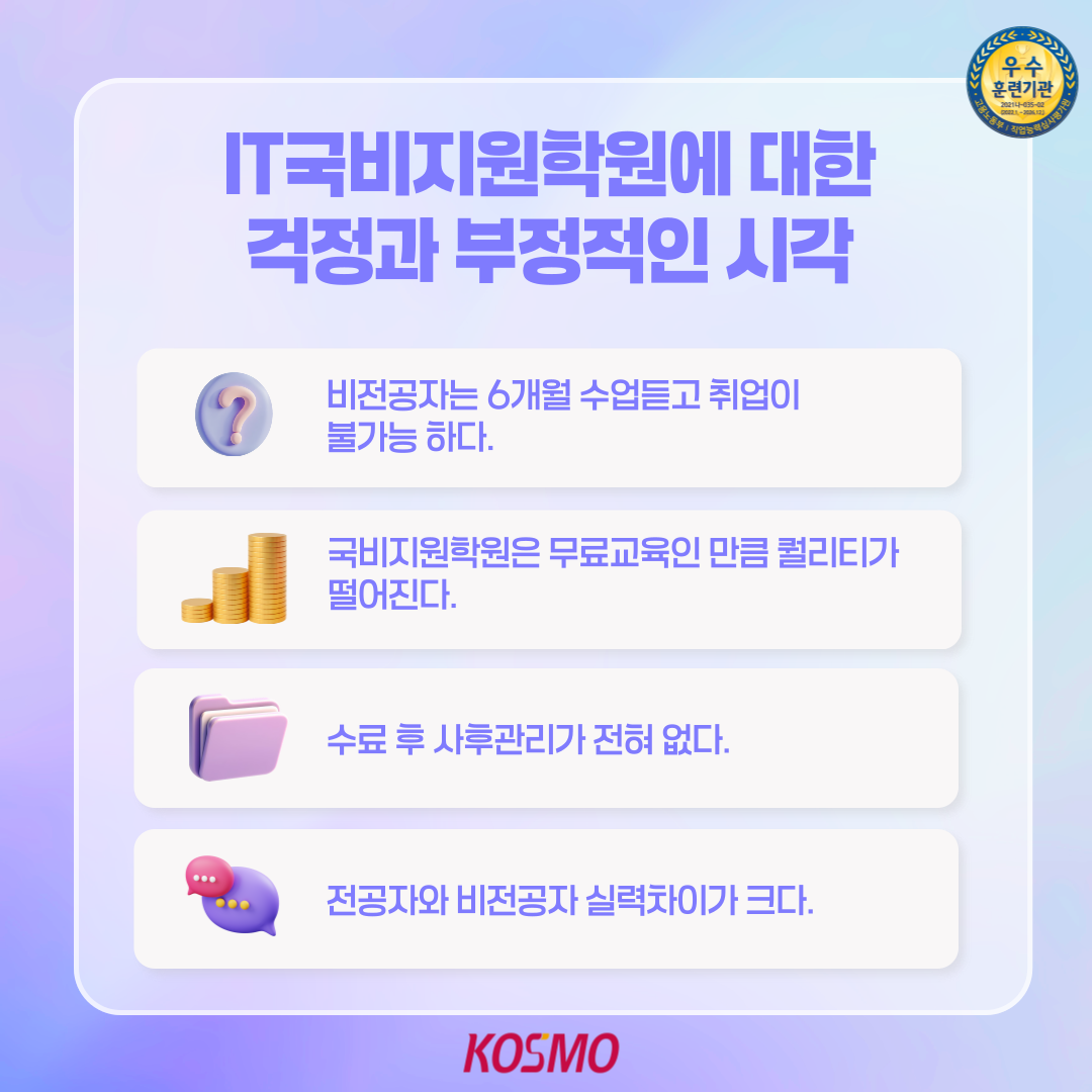 IT국비지원학원에 대한 걱정과 부정적인 시각
  비전공자는 6개월 수업듣고 취업이 불가능 하다.
국비지원학원은 무료교육인 만큼 퀄리티가 떨어진다.
수료 후 사후관리가 전혀 없다.
전공자와 비전공자 실력차이가 크다.